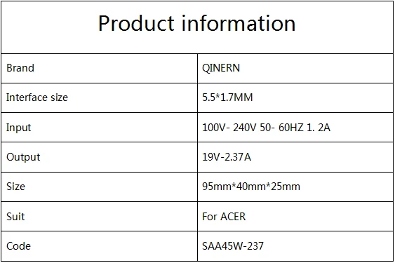 19V 2.37A 5.5*1.7MM 45W Laptop Adapter Charger For Acer Aspire 3 A314-31 A515-51-3509 E5-573-516D Series Notebook Power Supply