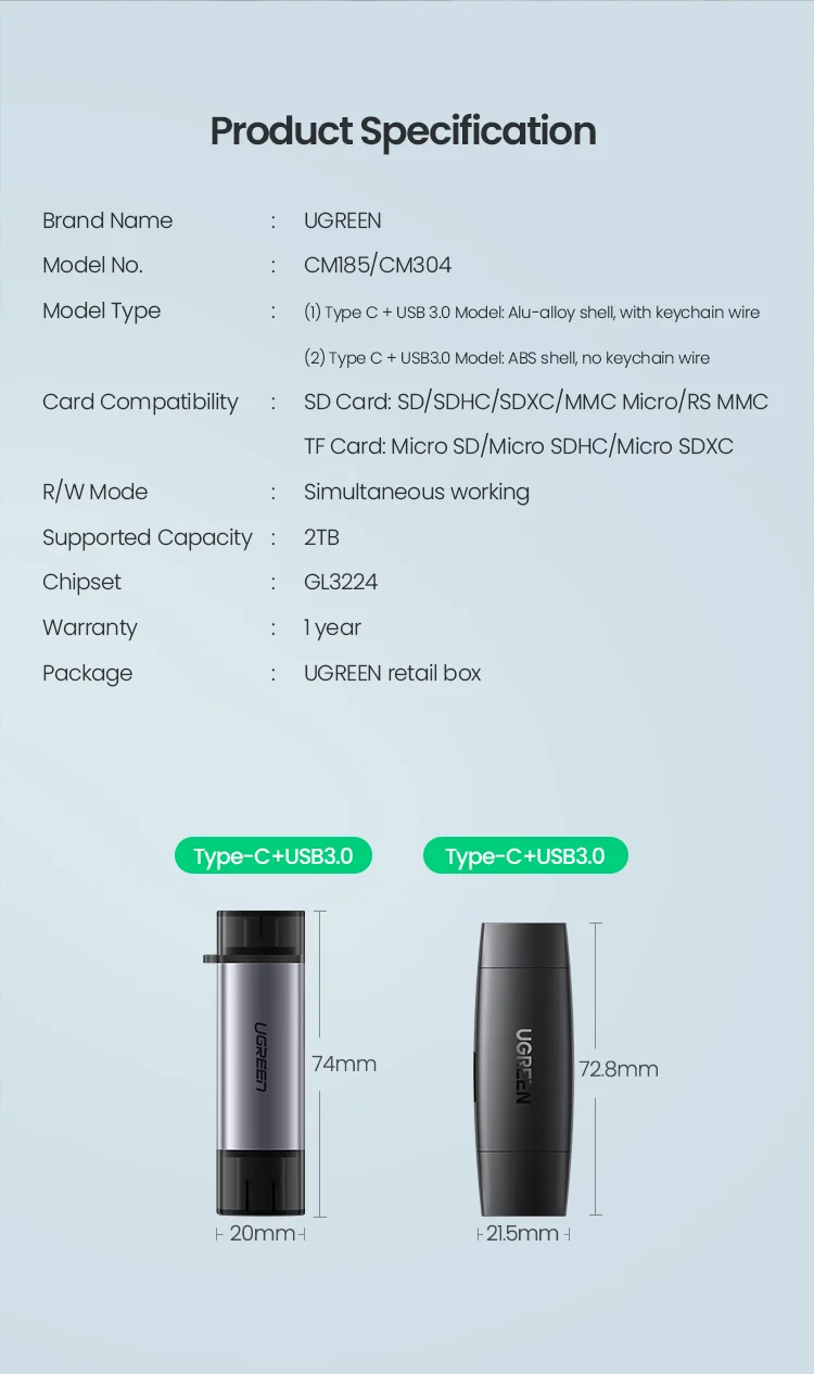 UGREEN Card Reader USB3.0 USB C  SD Micro SD Card Reader for Laptop Computer Smart Memory Cardreader SD Card Reader Card Adapter