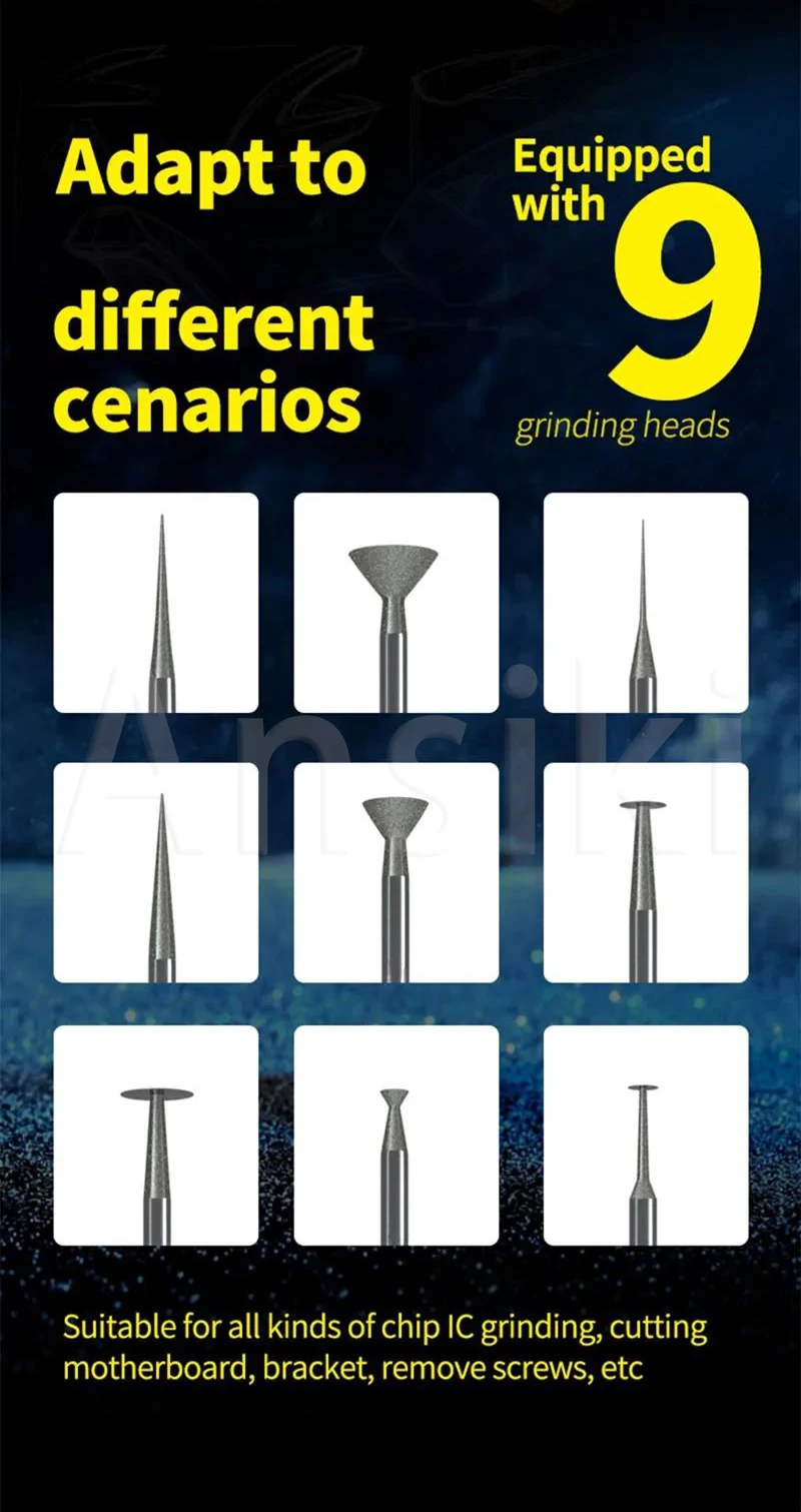 GDR2 Portable Electric Polishing Pen 9pcs Diamond Grinding Heads for IC Chip Grinding PCB Cutting Phone Repair Tools