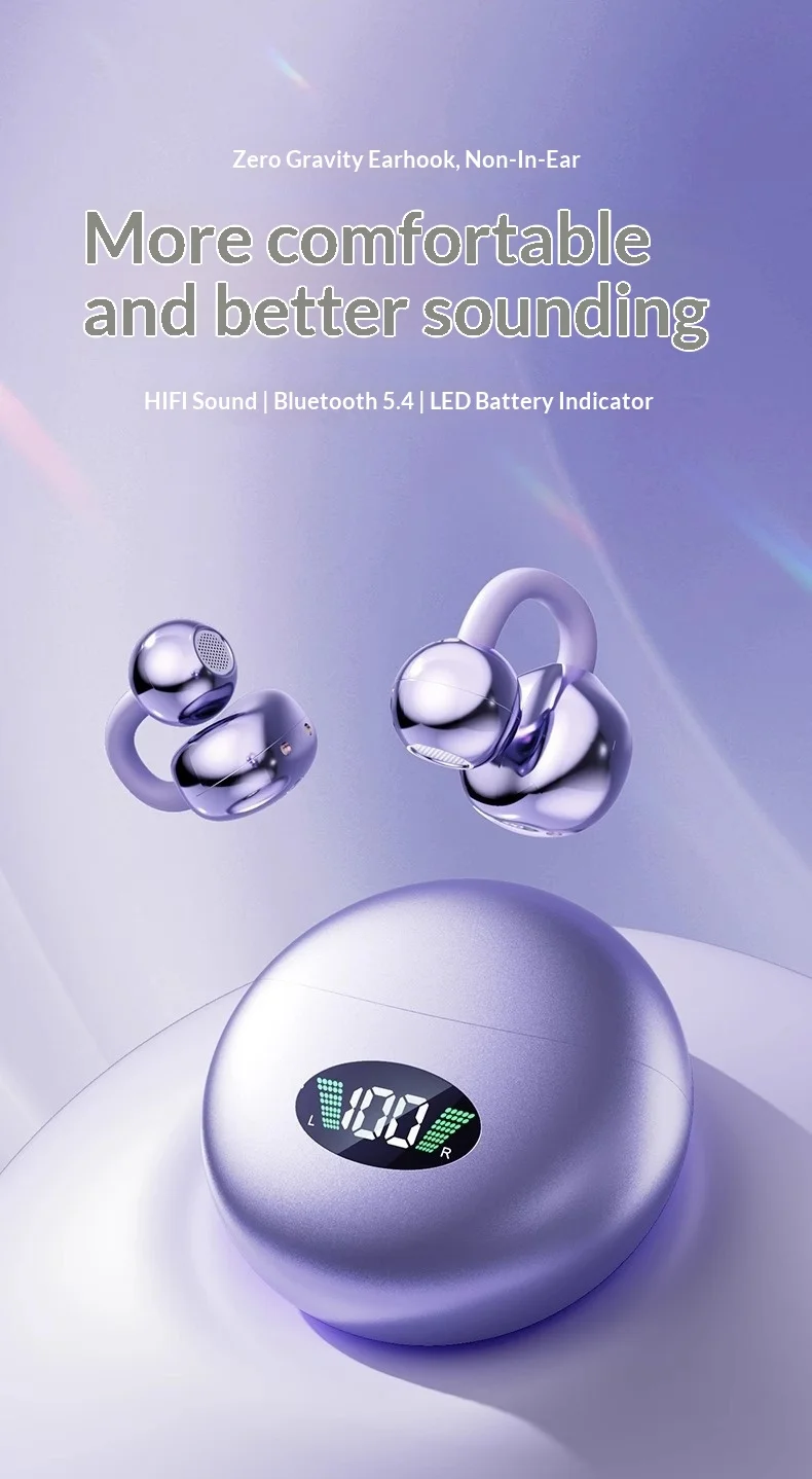 Wireless Bluetooth Earbuds Clip-on Earphones Premium Sound Quality Long Battery Life Perfect for Sports Headphones With Mic