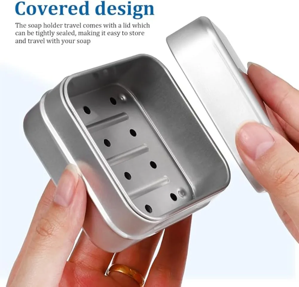 Portable Double Layer Aluminum Soap Dish with Lid Drain Design Soap Box for Travel Hotel Bathroom Outdoor Soap Holder Container