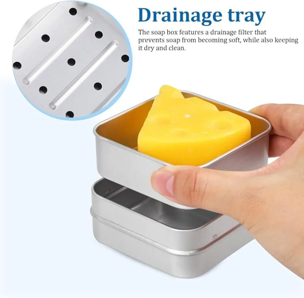 Portable Double Layer Aluminum Soap Dish with Lid Drain Design Soap Box for Travel Hotel Bathroom Outdoor Soap Holder Container
