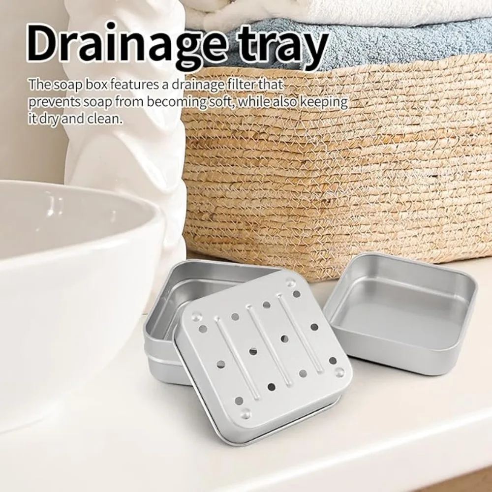 Portable Double Layer Aluminum Soap Dish with Lid Drain Design Soap Box for Travel Hotel Bathroom Outdoor Soap Holder Container