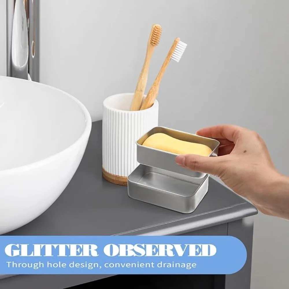 Portable Double Layer Aluminum Soap Dish with Lid Drain Design Soap Box for Travel Hotel Bathroom Outdoor Soap Holder Container