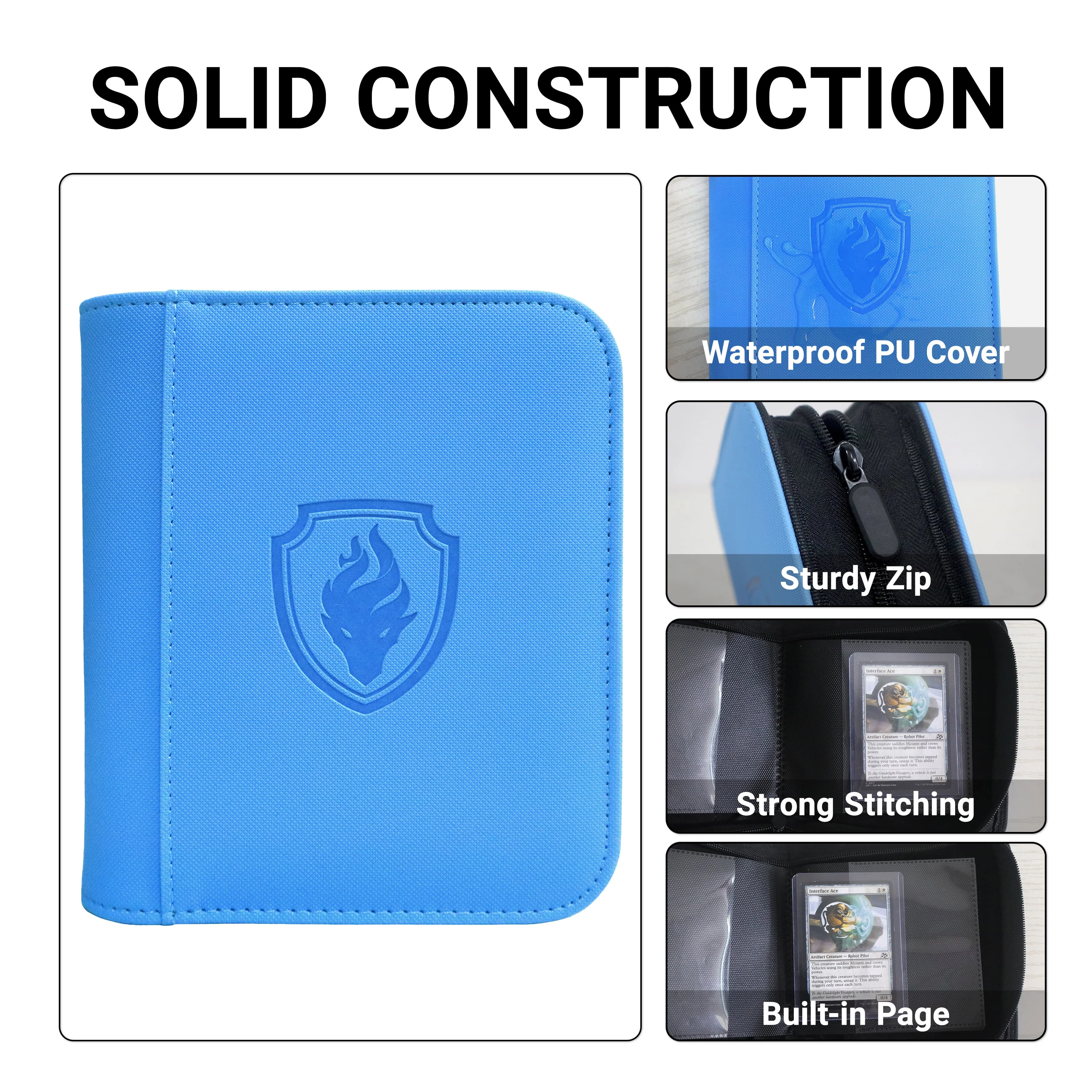 Waterproof PU Leather Side Load Zipper Card Binder 32 Slots Trading Card Album for 3'×4' Cards, Ideal for TCG, Game/Sport Cards