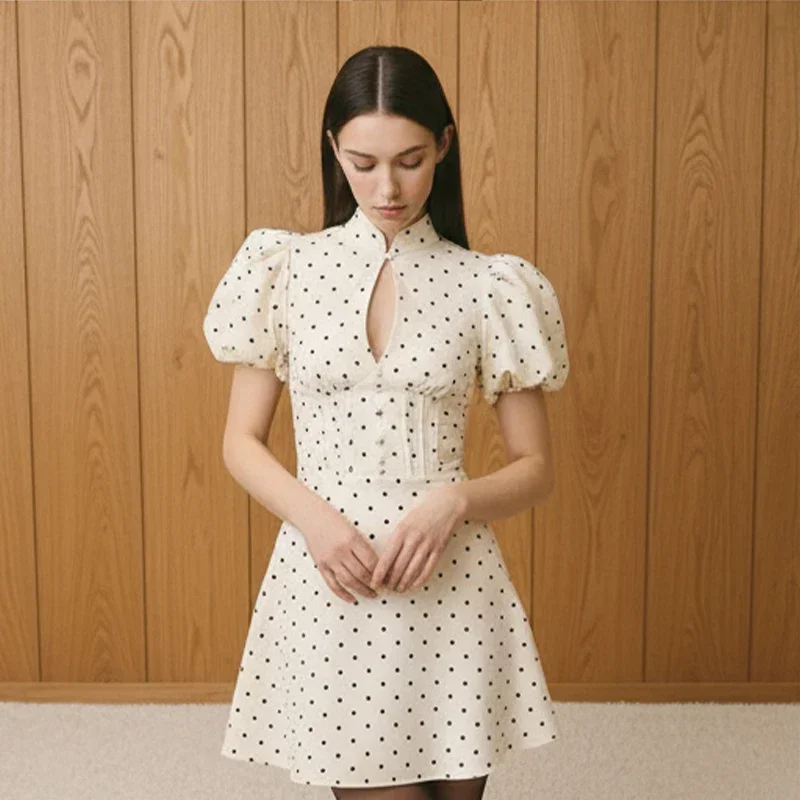 Retro Polka Dot Mini A-line Dress Elegant Stand Collar Puff Short Sleeve Waist-cinching Dresses 2026 New Lady Party Gowns