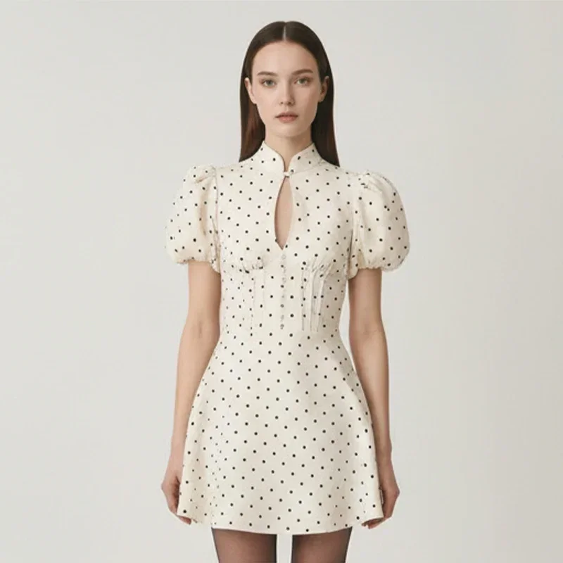 Retro Polka Dot Mini A-line Dress Elegant Stand Collar Puff Short Sleeve Waist-cinching Dresses 2026 New Lady Party Gowns