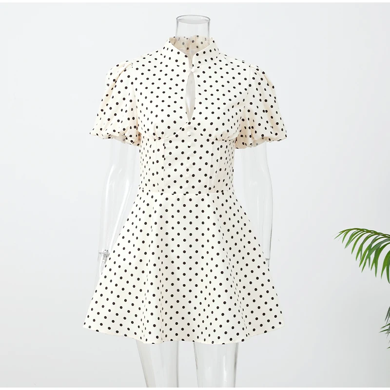 Retro Polka Dot Mini A-line Dress Elegant Stand Collar Puff Short Sleeve Waist-cinching Dresses 2026 New Lady Party Gowns