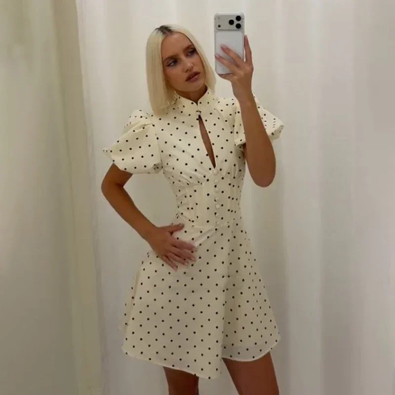 Retro Polka Dot Mini A-line Dress Elegant Stand Collar Puff Short Sleeve Waist-cinching Dresses 2026 New Lady Party Gowns