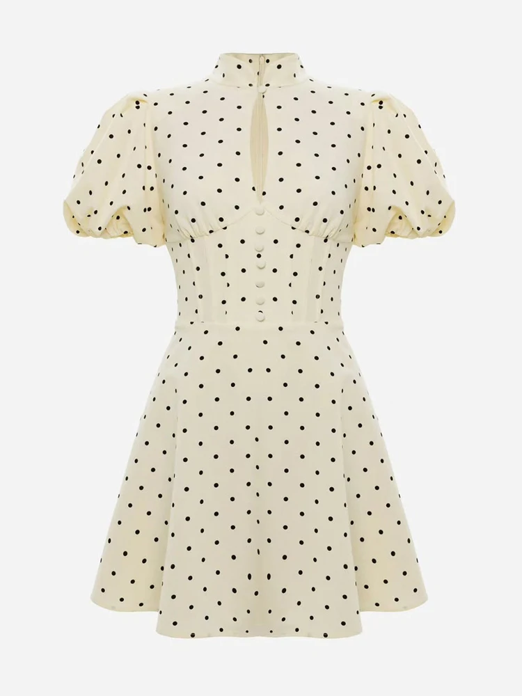 Retro Polka Dot Mini A-line Dress Elegant Stand Collar Puff Short Sleeve Waist-cinching Dresses 2026 New Lady Party Gowns