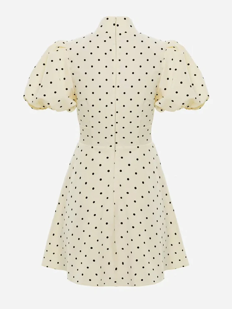 Retro Polka Dot Mini A-line Dress Elegant Stand Collar Puff Short Sleeve Waist-cinching Dresses 2026 New Lady Party Gowns