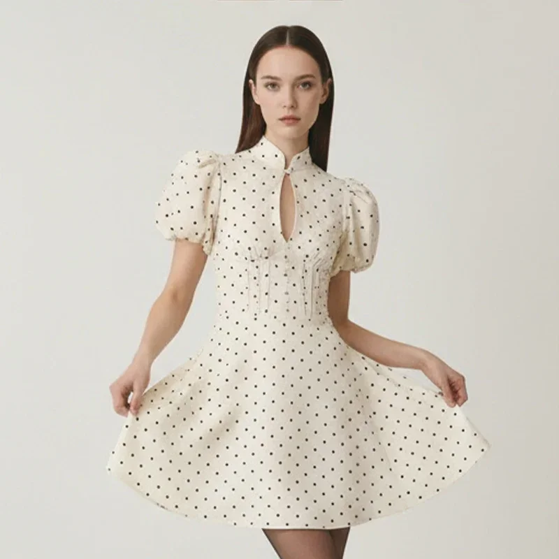 Retro Polka Dot Mini A-line Dress Elegant Stand Collar Puff Short Sleeve Waist-cinching Dresses 2026 New Lady Party Gowns