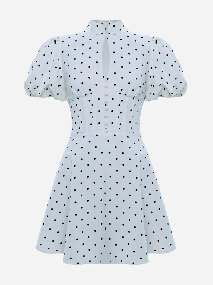 Retro Polka Dot Mini A-line Dress Elegant Stand Collar Puff Short Sleeve Waist-cinching Dresses 2026 New Lady Party Gowns