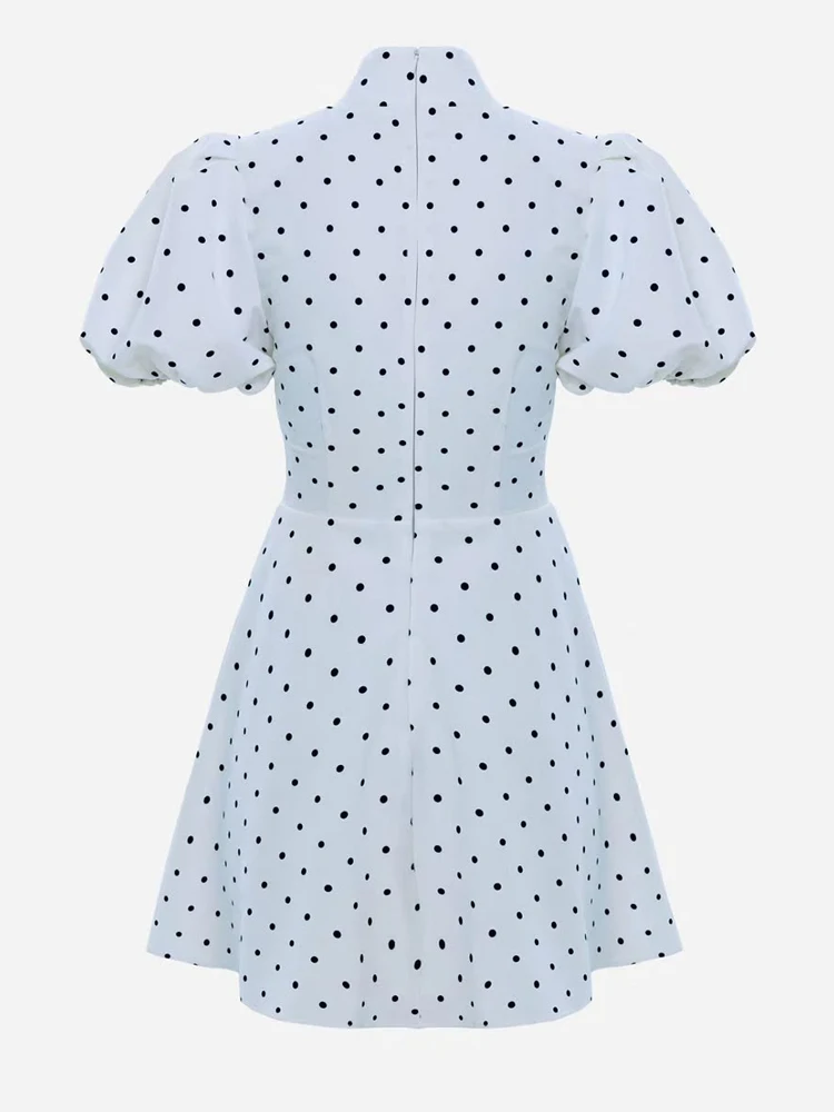 Retro Polka Dot Mini A-line Dress Elegant Stand Collar Puff Short Sleeve Waist-cinching Dresses 2026 New Lady Party Gowns