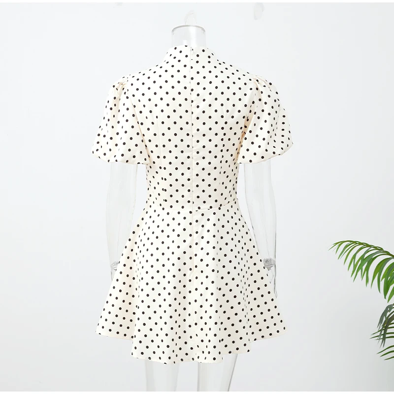 Retro Polka Dot Mini A-line Dress Elegant Stand Collar Puff Short Sleeve Waist-cinching Dresses 2026 New Lady Party Gowns