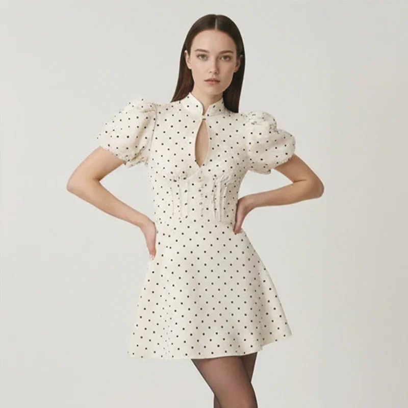 Retro Polka Dot Mini A-line Dress Elegant Stand Collar Puff Short Sleeve Waist-cinching Dresses 2026 New Lady Party Gowns