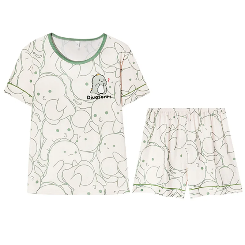 Women's Loose Fit Cartoon Bear Pajamas Set Summer Short Sleeve Gradient Casual Homewear Sleepwear