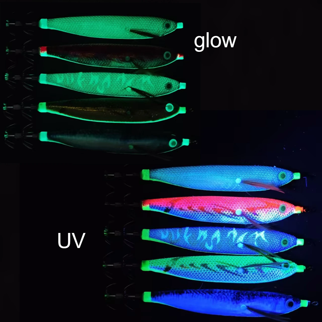 Horizontal Squid Jig Egi Set 12.5cm Glow in The Dark Wood Shrimp UV Squid Lure Sea Cuttlefish Octopus Saltwater Tackle