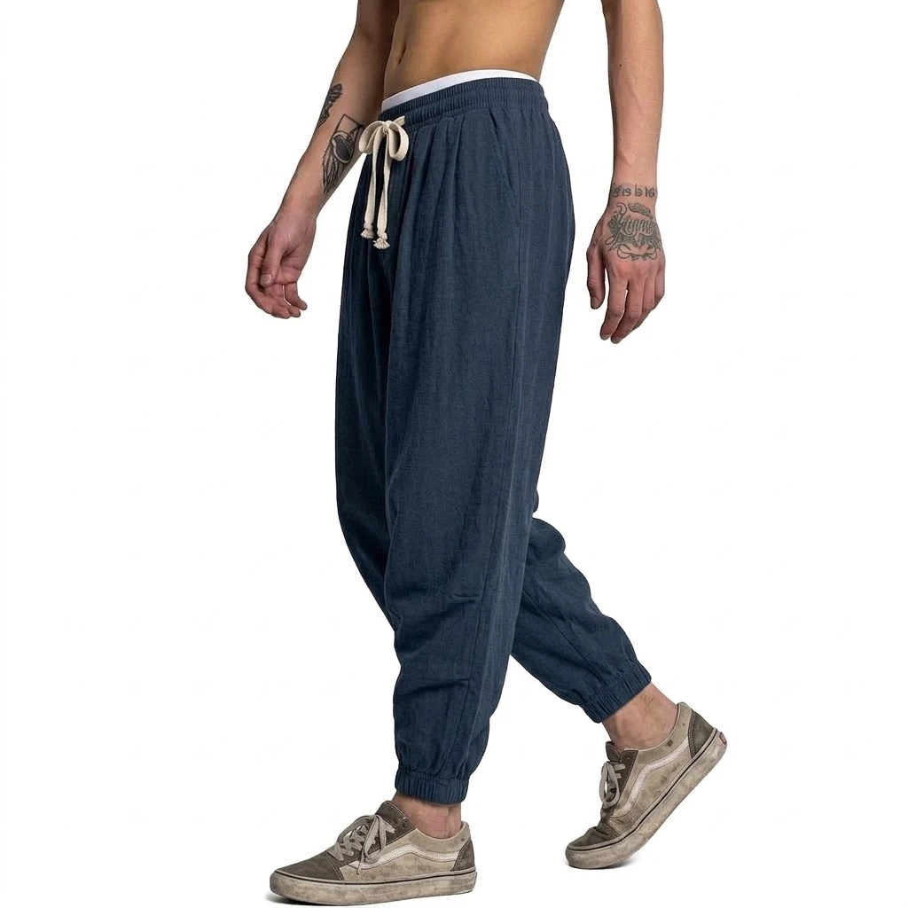 Korean Cotton Linen Trousers Autumn Men's Gym Man Casual Baggy Pants Harem Pants Spring Loose Drawstring Work Short Pants