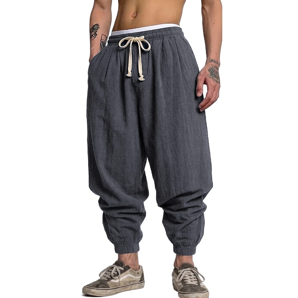Korean Cotton Linen Trousers Autumn Men's Gym Man Casual Baggy Pants Harem Pants Spring Loose Drawstring Work Short Pants