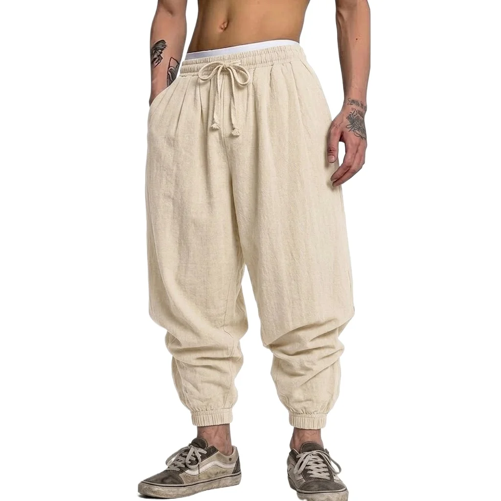 Korean Cotton Linen Trousers Autumn Men's Gym Man Casual Baggy Pants Harem Pants Spring Loose Drawstring Work Short Pants