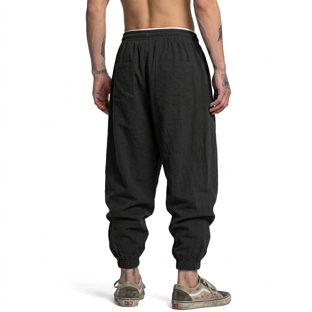 Korean Cotton Linen Trousers Autumn Men's Gym Man Casual Baggy Pants Harem Pants Spring Loose Drawstring Work Short Pants