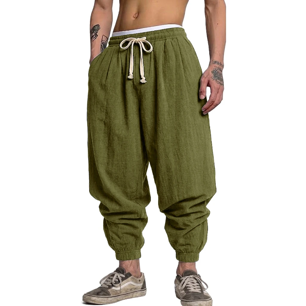 Korean Cotton Linen Trousers Autumn Men's Gym Man Casual Baggy Pants Harem Pants Spring Loose Drawstring Work Short Pants