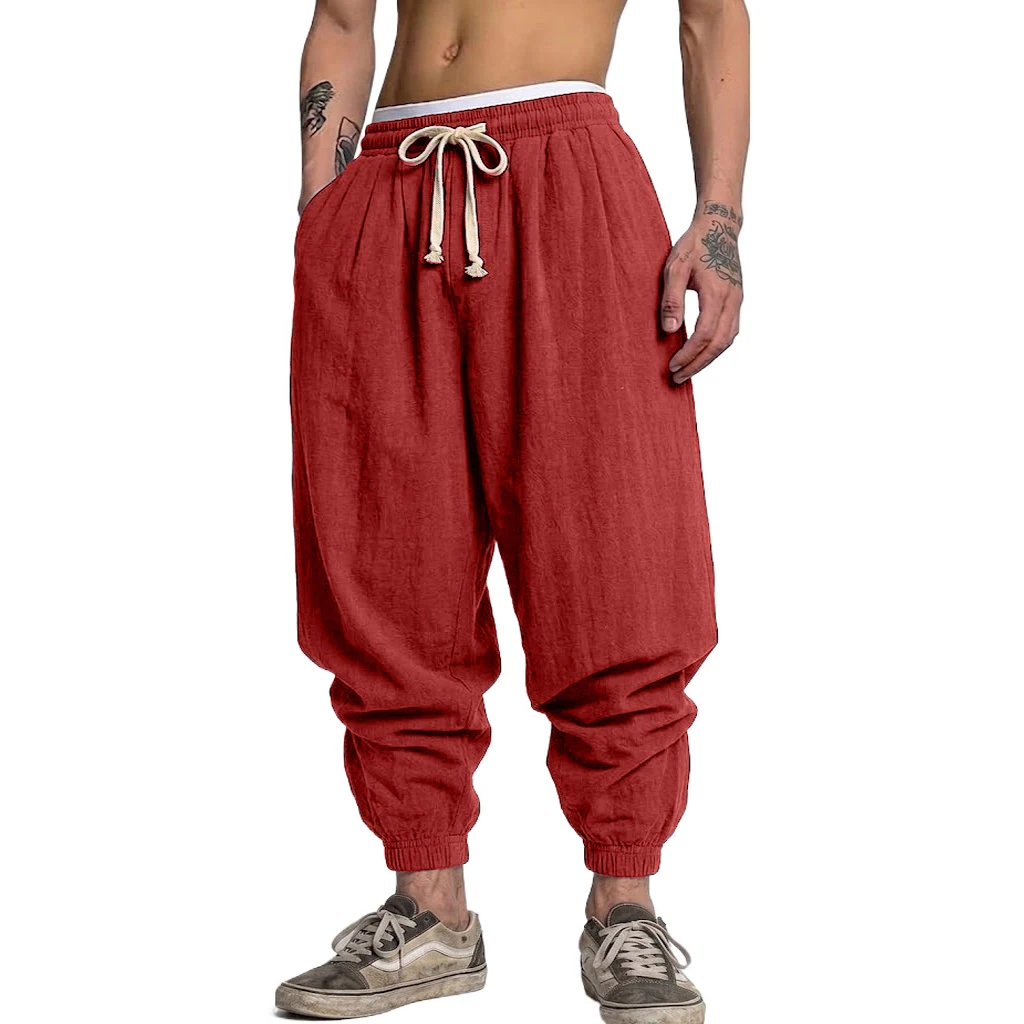 Korean Cotton Linen Trousers Autumn Men's Gym Man Casual Baggy Pants Harem Pants Spring Loose Drawstring Work Short Pants