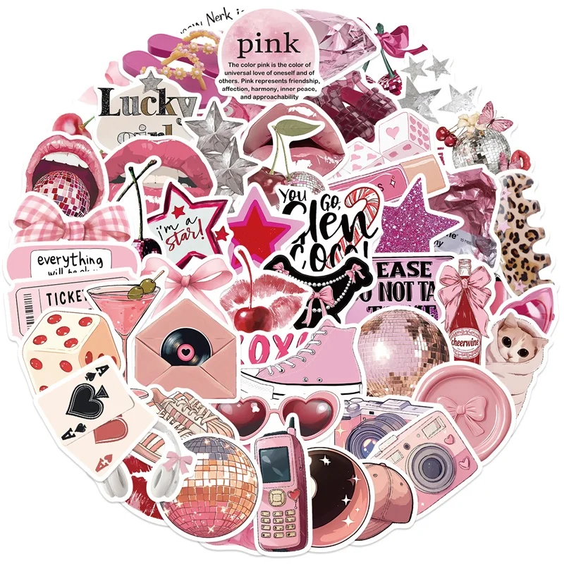 10/30/50PCS Pink Down Town Girl Sticky PVC Sticker Aesthetic DIY Decoration Scrapbooking Hand Accounting Supplies