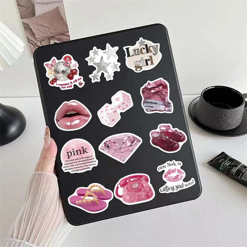 10/30/50PCS Pink Down Town Girl Sticky PVC Sticker Aesthetic DIY Decoration Scrapbooking Hand Accounting Supplies