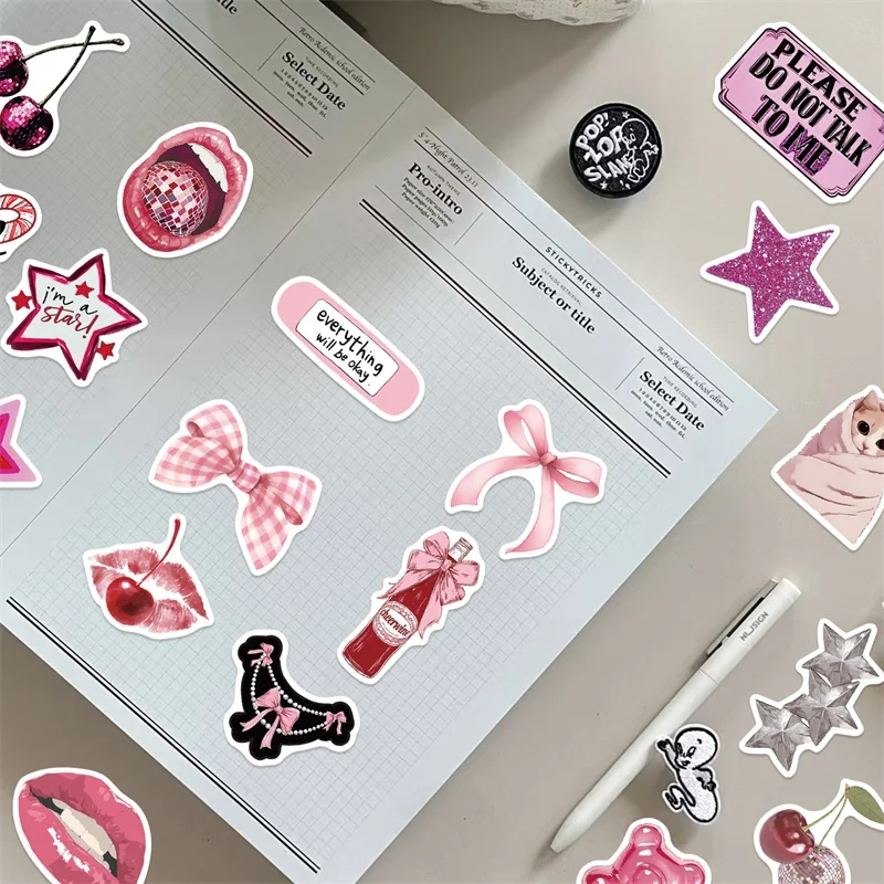 10/30/50PCS Pink Down Town Girl Sticky PVC Sticker Aesthetic DIY Decoration Scrapbooking Hand Accounting Supplies