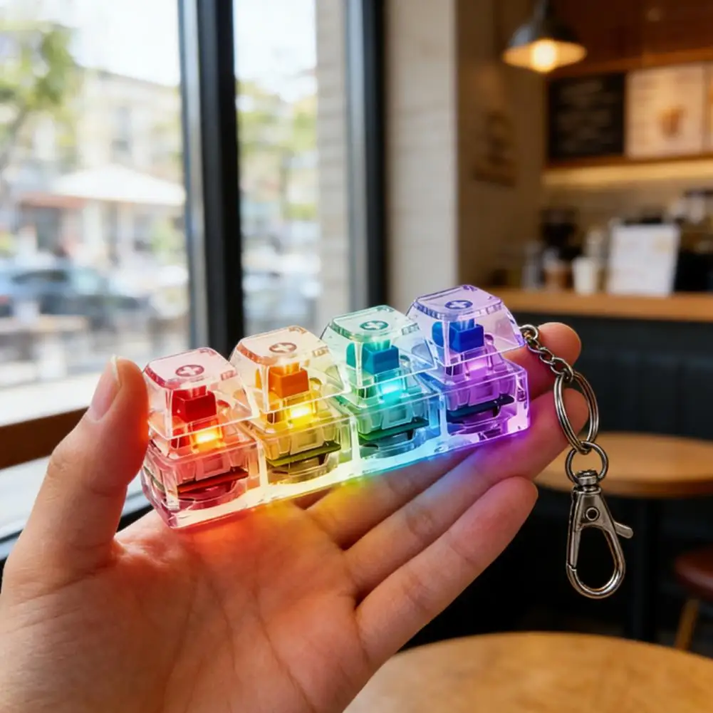 Fashion 4-Button Clicker Toy With RGB Light -Transparent 4-Keys Keyboard Keycap Keychain, Fidget Toy For Decompression&Daily Fun