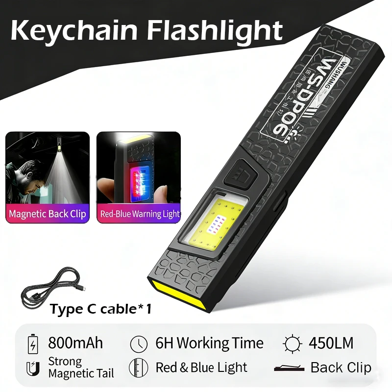 LED Keychain Flashlight Type C Rechargeable 600LM Portable Mini Torch Pocket Lantern Flood Work Light With Magnet For Emergency
