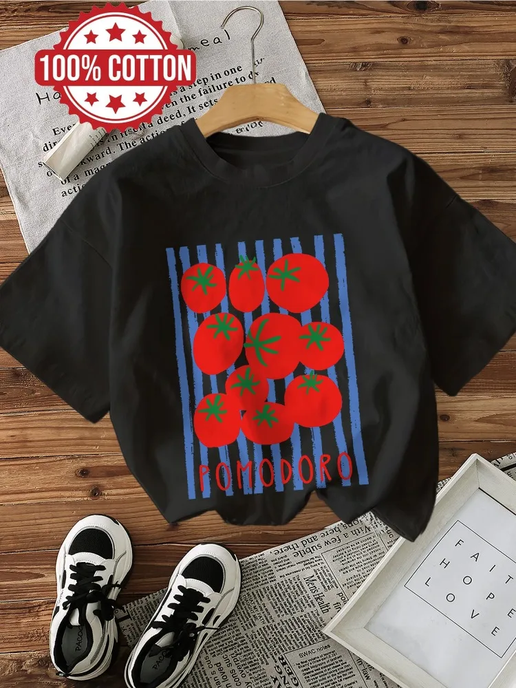 Comfortable and fresh style tomato stripe print summer casual round neck pure cotton fashionable T-shirt top