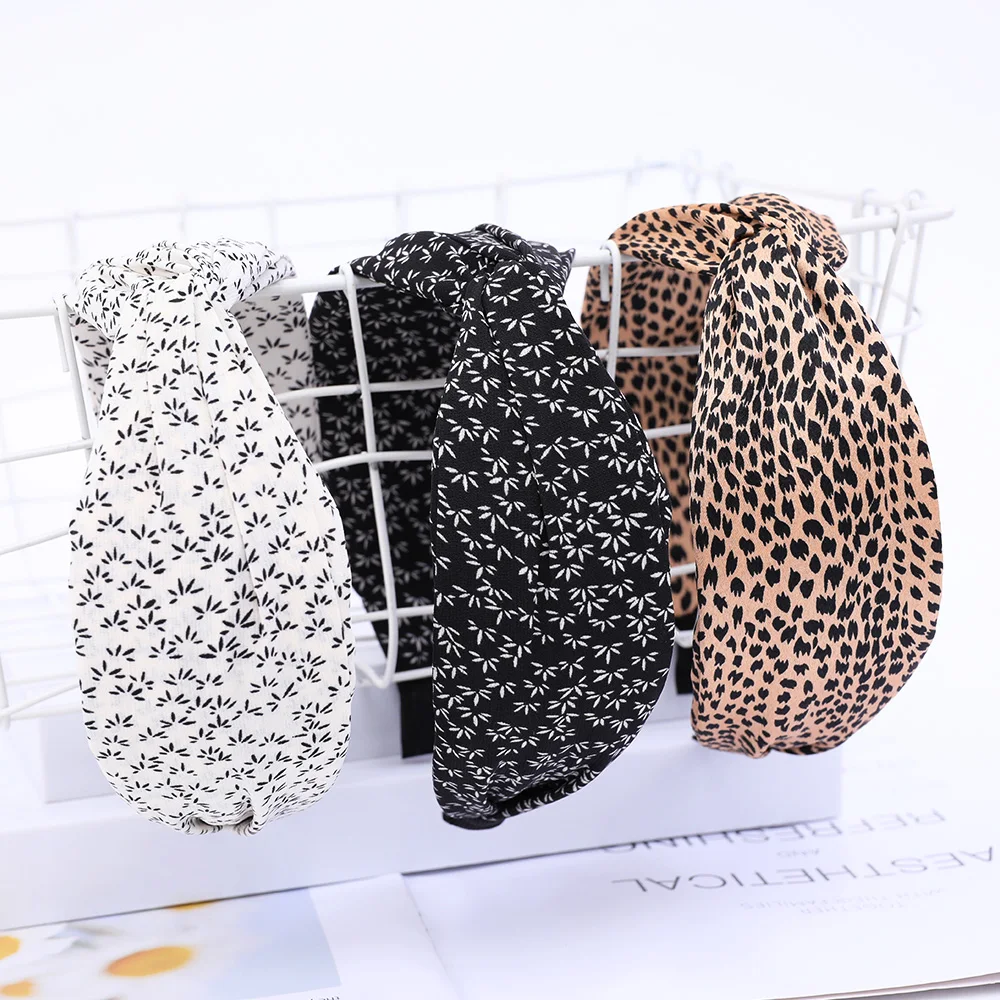 Fashion Print Leopard Headband Wide Cross Women Hairband Elastic Bow Hair Hoop Bands Bezel Top Knot Girls Hair Accessories