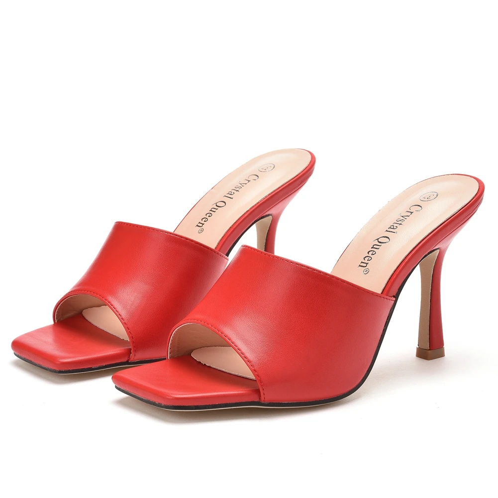 Crystal Queen Summer Women Sandals Square Toe Ladies Mules Sexy Thin High Heels Slippers Female Fashion Shoes
