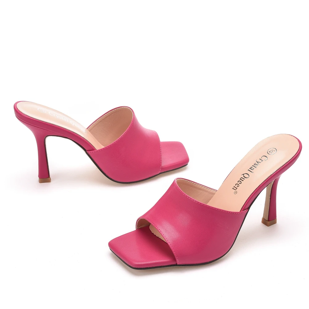 Crystal Queen Summer Women Sandals Square Toe Ladies Mules Sexy Thin High Heels Slippers Female Fashion Shoes