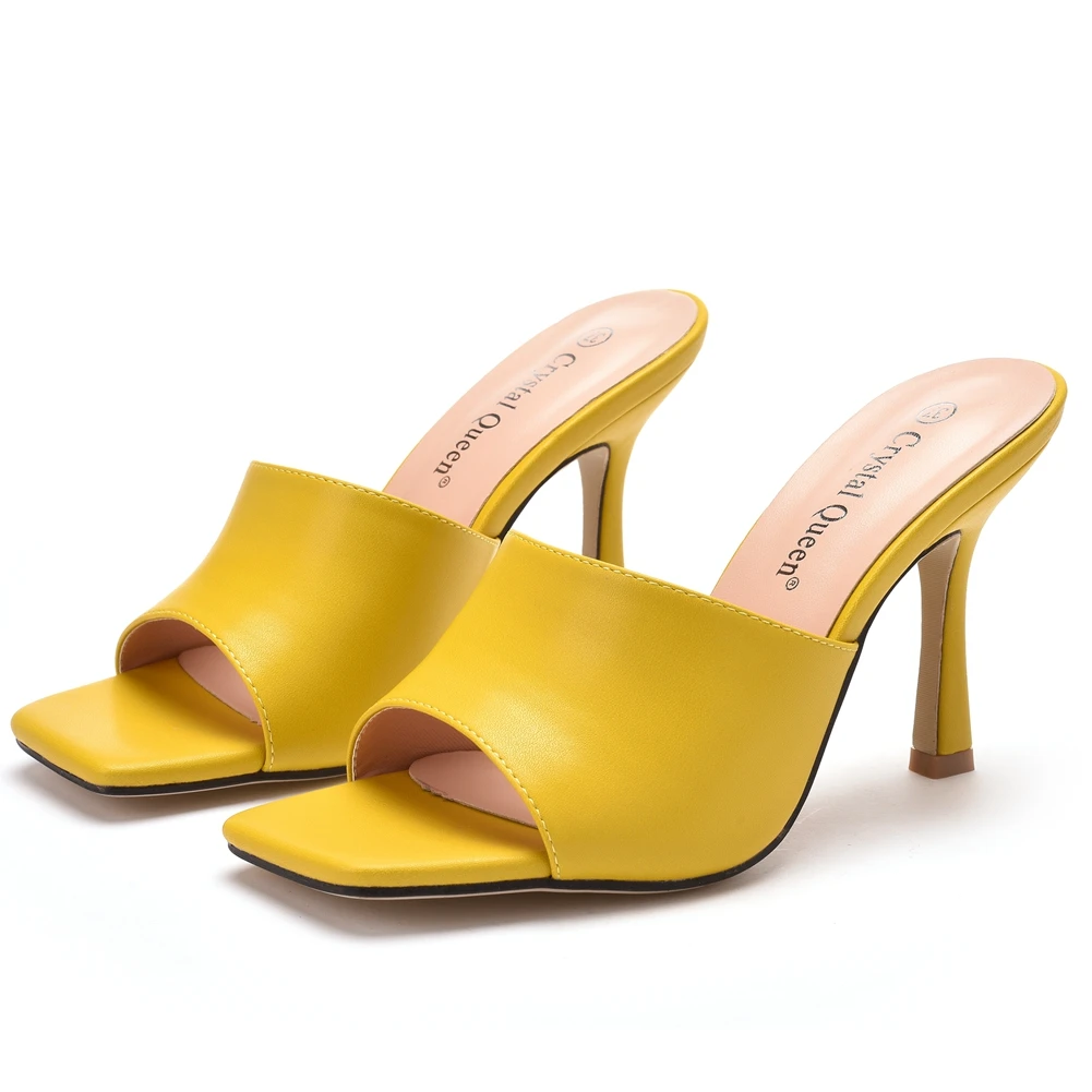 Crystal Queen Summer Women Sandals Square Toe Ladies Mules Sexy Thin High Heels Slippers Female Fashion Shoes