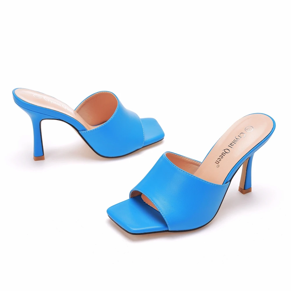 Crystal Queen Summer Women Sandals Square Toe Ladies Mules Sexy Thin High Heels Slippers Female Fashion Shoes