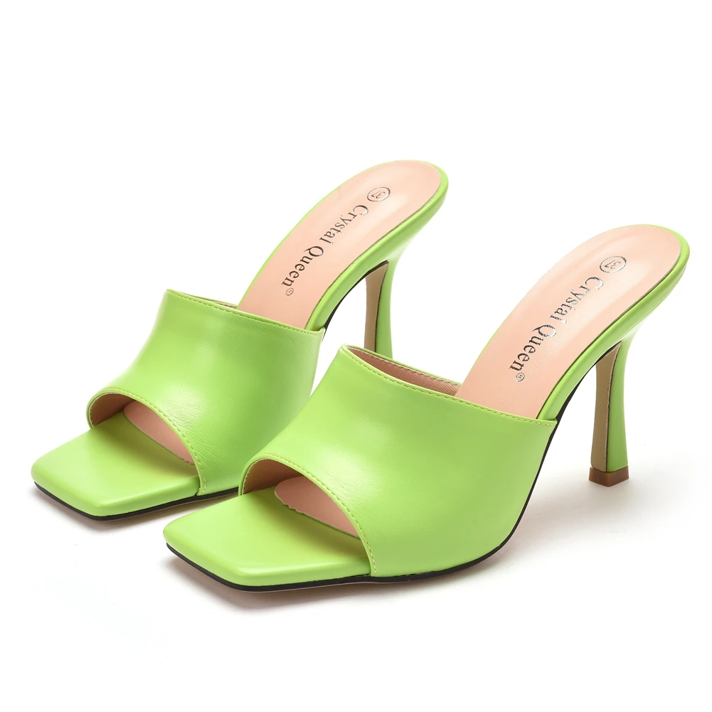 Crystal Queen Summer Women Sandals Square Toe Ladies Mules Sexy Thin High Heels Slippers Female Fashion Shoes