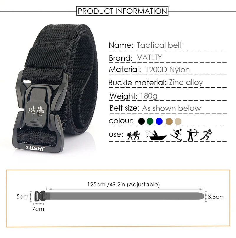 VATLTY New Tactical Outdoor Belt for Men Alloy Buckle Quick Release Combat Casual Belt Jeans Black Waistband Girdles Male
