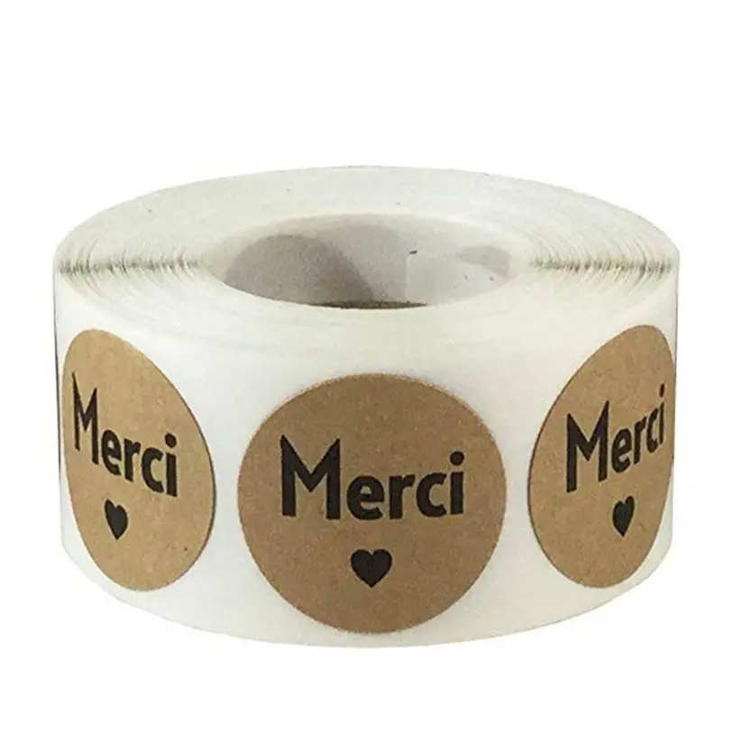 100-500pcs Kraft Merci French Handmade With Love Stickers for Package 1inch Thank You Sticker Wedding Baking Decortion