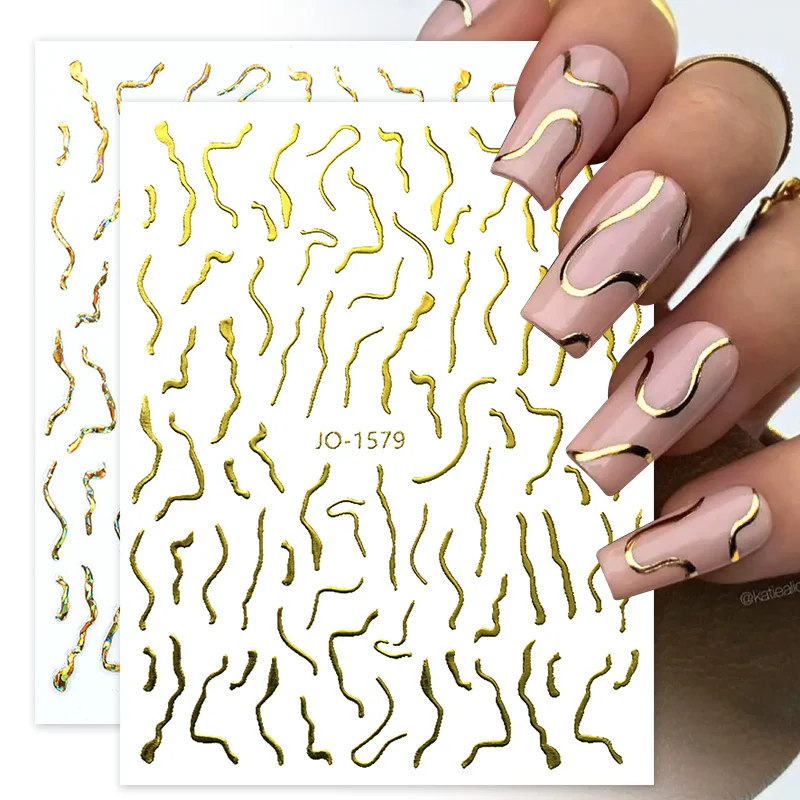 3D Nail Stickers Bronzing Gold Silver Lines Stripe Geometric Design Flowers Gradient Adhesive Slider Papers Nail Art Accessories
