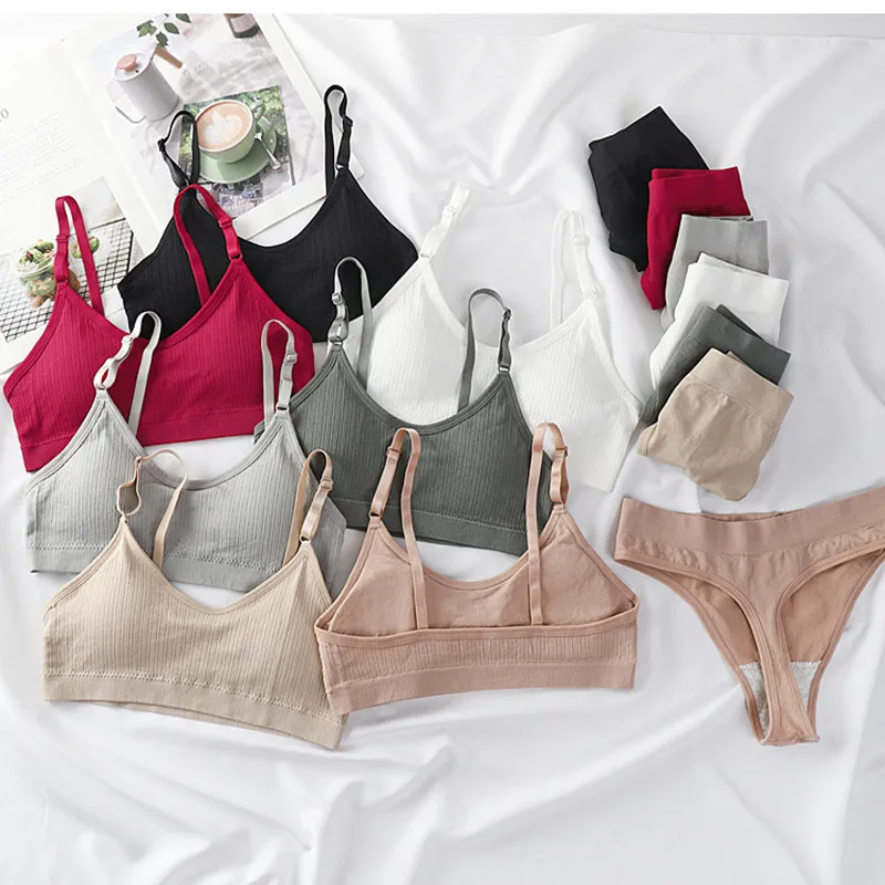 Women Padded Bra And Panties Set Wire Free Seamless Bra Sexy High Waist Thongs Underwear Sports Brassiere Female Lingerie Set