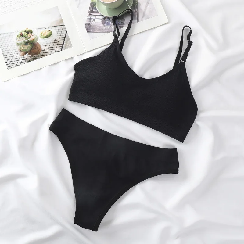 Women Padded Bra And Panties Set Wire Free Seamless Bra Sexy High Waist Thongs Underwear Sports Brassiere Female Lingerie Set