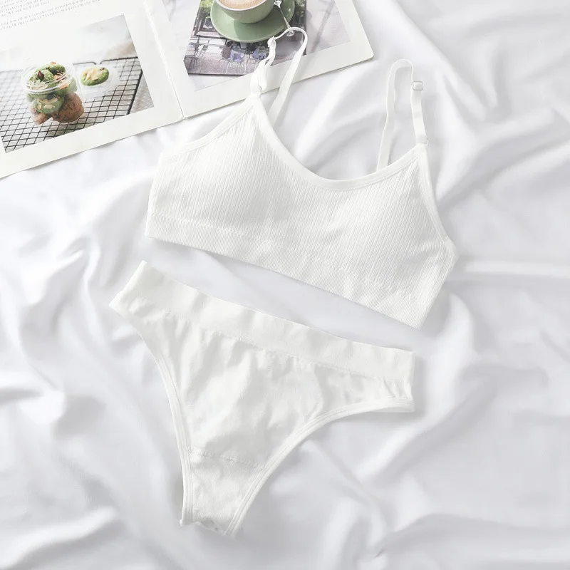 Women Padded Bra And Panties Set Wire Free Seamless Bra Sexy High Waist Thongs Underwear Sports Brassiere Female Lingerie Set