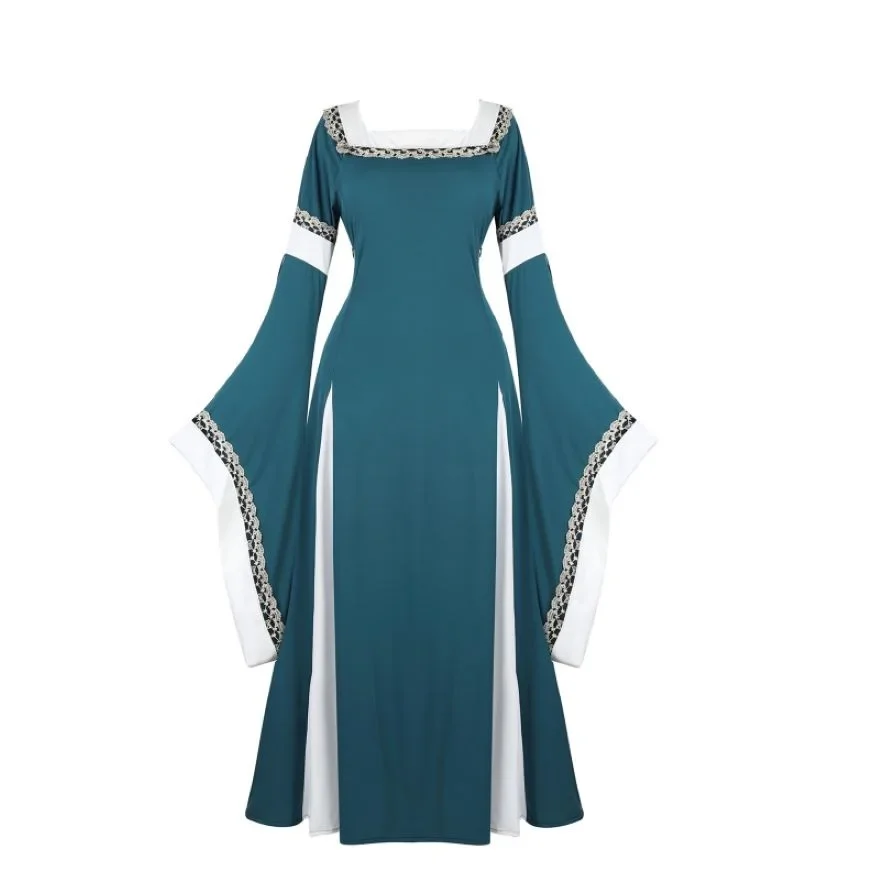 Women Medieval Renaissance Trumpet Sleeve Retro Loor Length Gown Lace Trim Irish Over Long Dress Halloween Costume Plus Size
