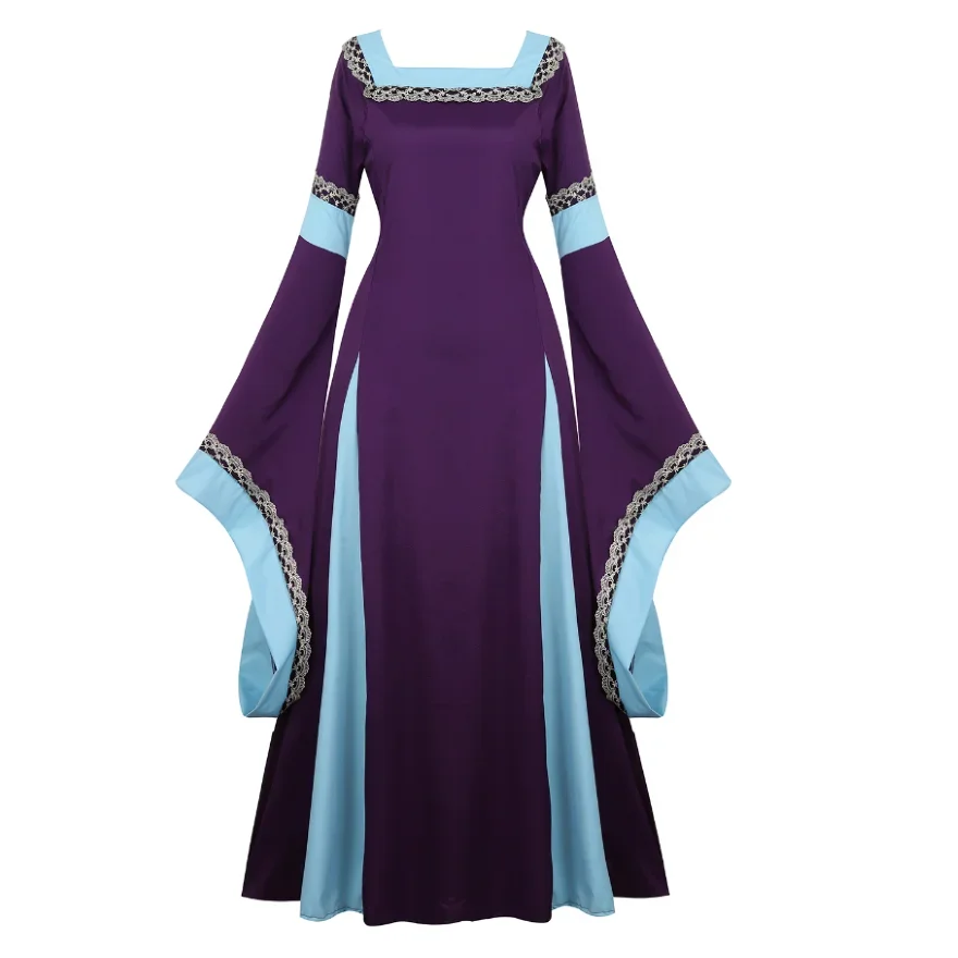 Women Medieval Renaissance Trumpet Sleeve Retro Loor Length Gown Lace Trim Irish Over Long Dress Halloween Costume Plus Size