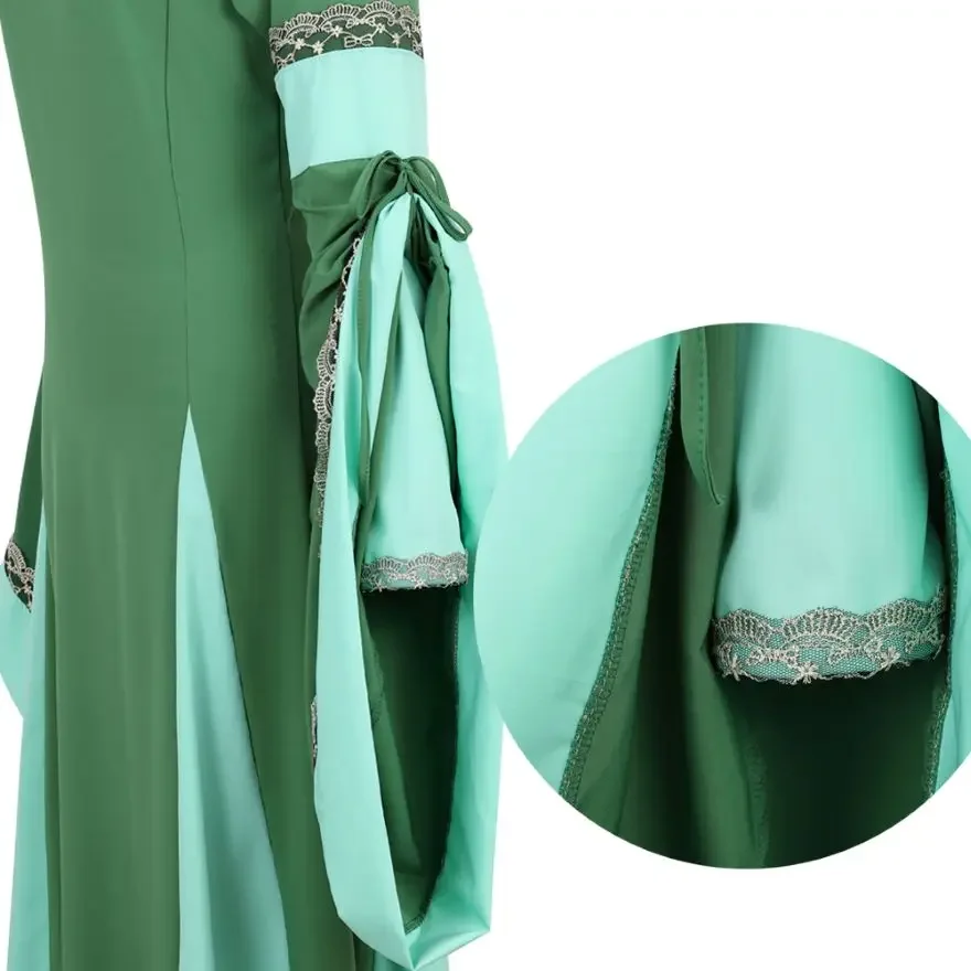 Women Medieval Renaissance Trumpet Sleeve Retro Loor Length Gown Lace Trim Irish Over Long Dress Halloween Costume Plus Size