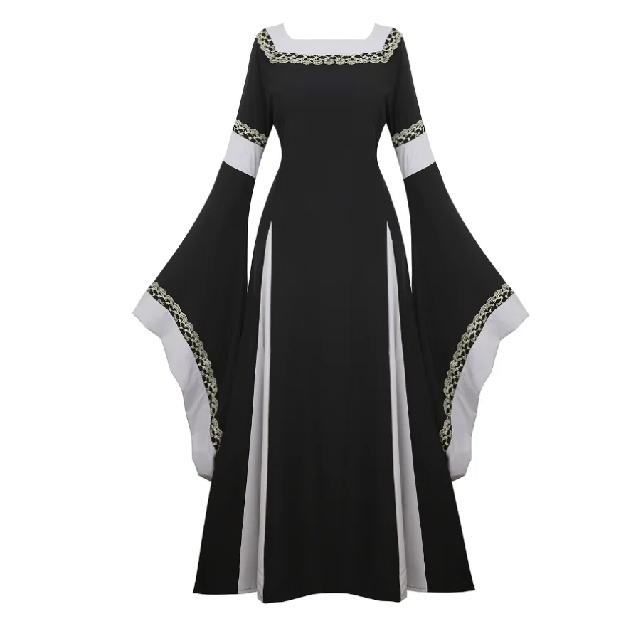 Women Medieval Renaissance Trumpet Sleeve Retro Loor Length Gown Lace Trim Irish Over Long Dress Halloween Costume Plus Size